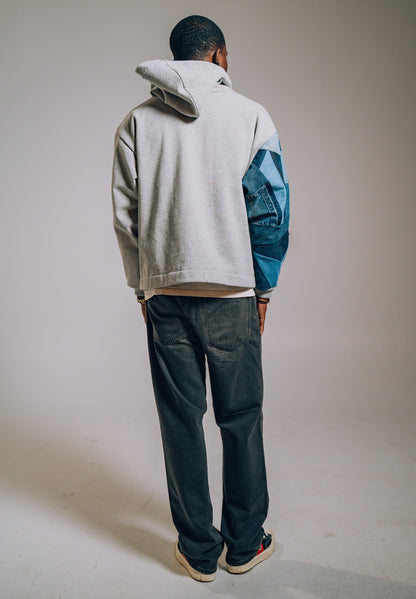 Grey & Blue Denim Patchwork Zip Hoodie M