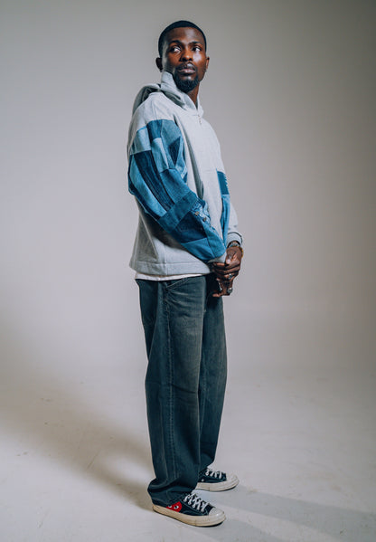 Grey & Blue Denim Patchwork Zip Hoodie M