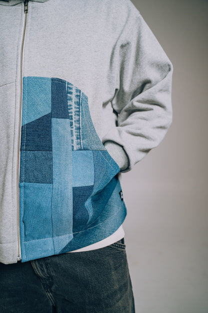 Grey & Blue Denim Patchwork Zip Hoodie M