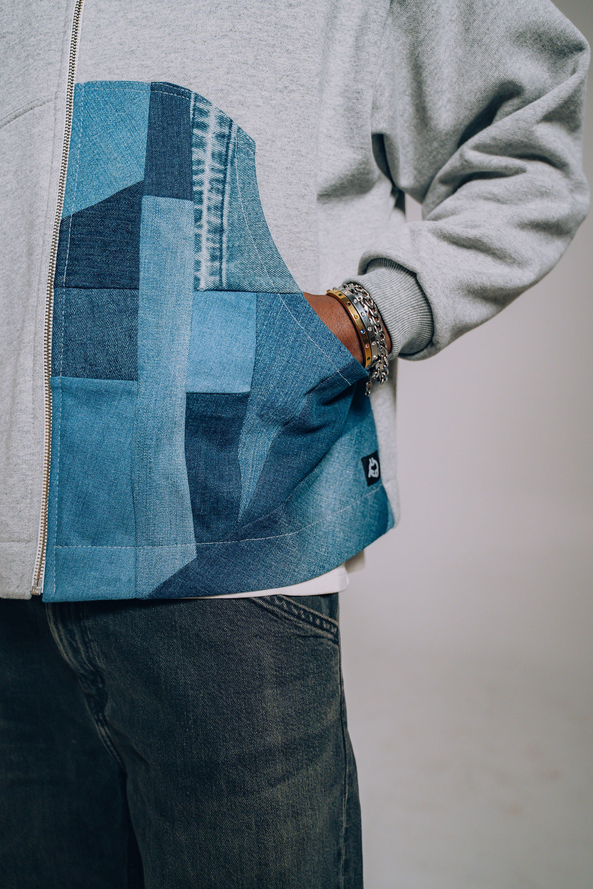Upcycled Patchwork Zip Hoodie Grey & Blue Denim | Uni Design Canada