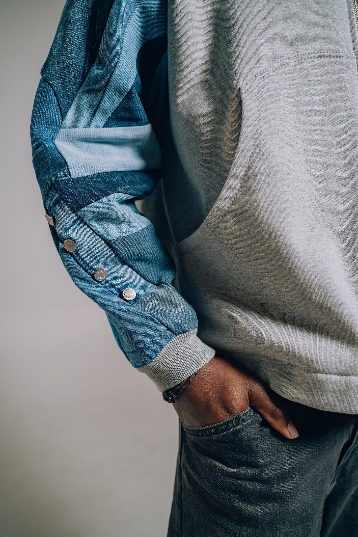 Grey & Blue Denim Patchwork Zip Hoodie M