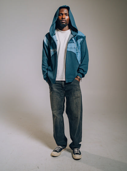 Navy & Blue Denim Patchwork Zip Hoodie