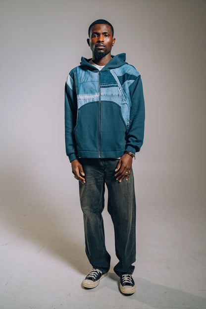 Navy & Blue Denim Patchwork Zip Hoodie