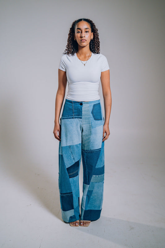 Patchwork Denim Baggy Pant – Blue Denim Mix