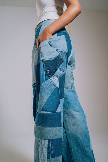 Patchwork Denim Baggy Pant – Blue Denim Mix