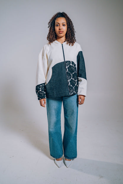 White & Black Lace Denim Patchwork Zip Hoodie