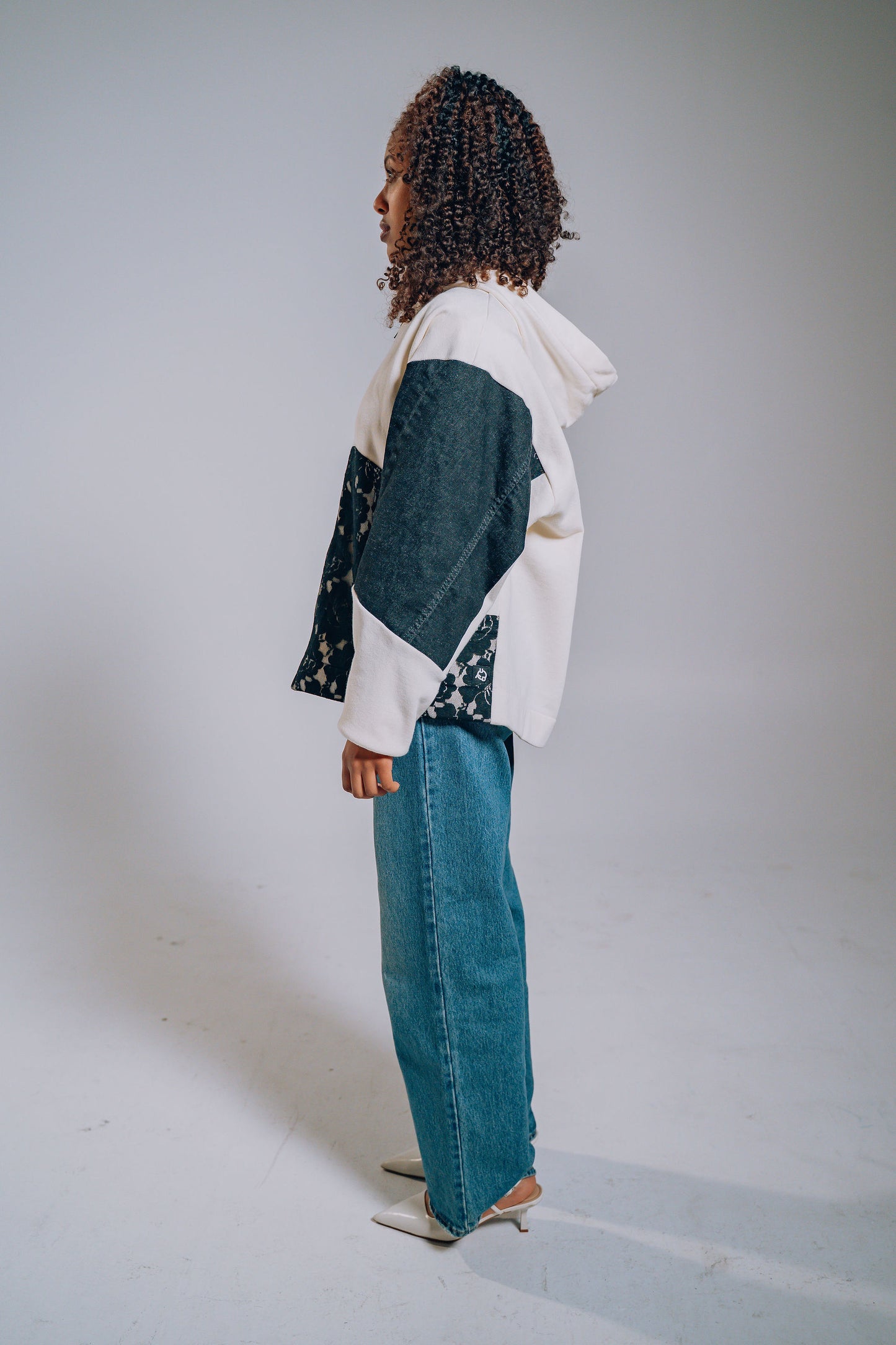 White & Black Lace Denim Patchwork Zip Hoodie