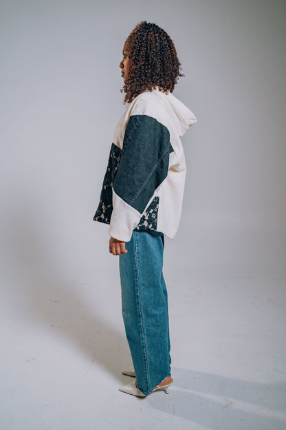 White & Black Lace Denim Patchwork Zip Hoodie
