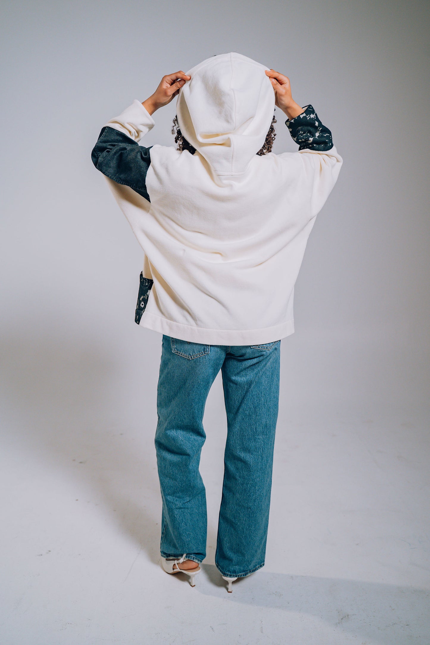 White & Black Lace Denim Patchwork Zip Hoodie