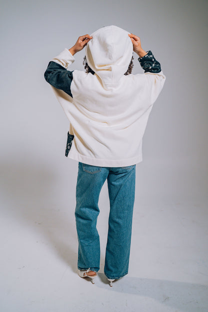 White & Black Lace Denim Patchwork Zip Hoodie