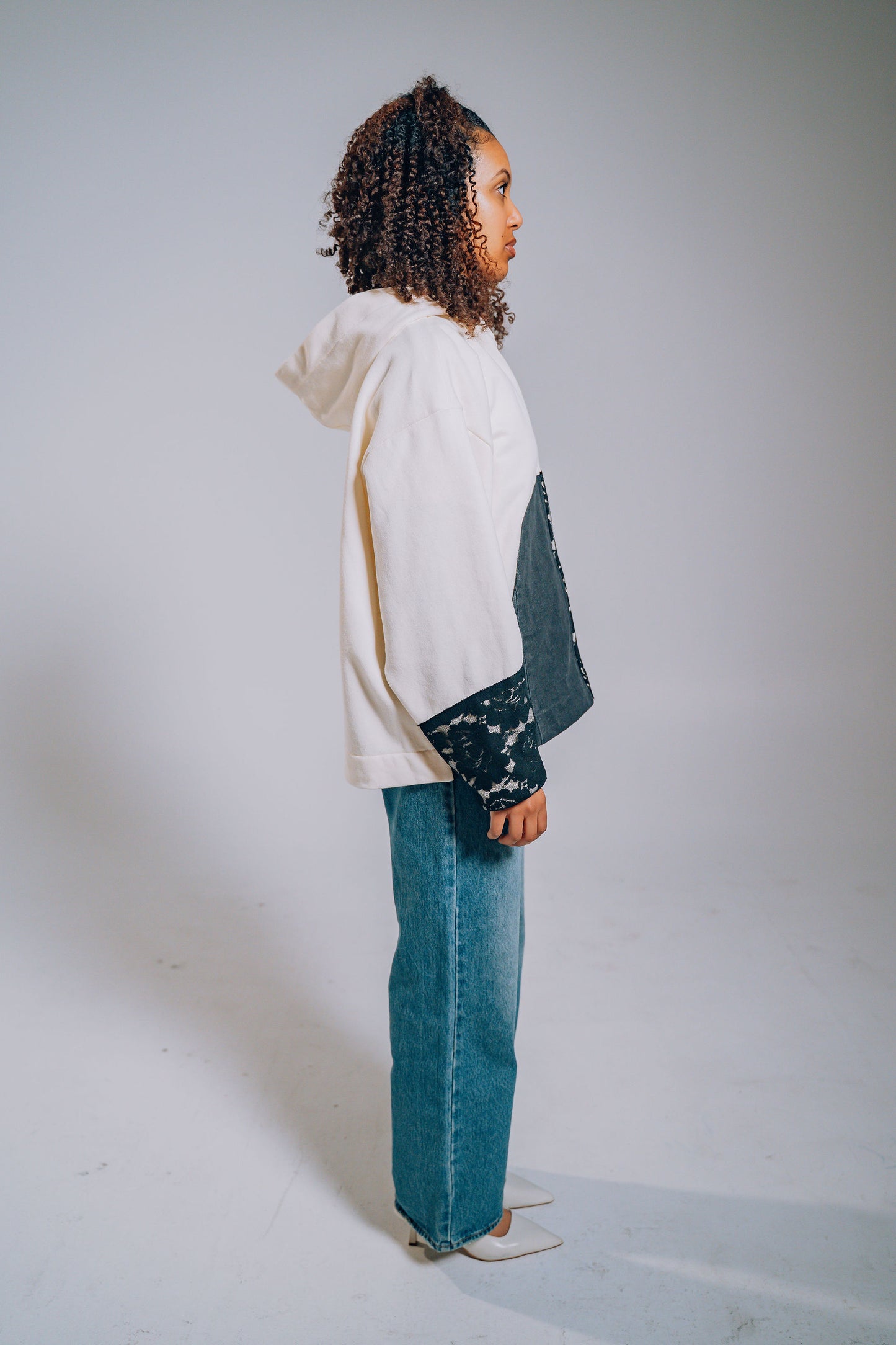 White & Black Lace Denim Patchwork Zip Hoodie