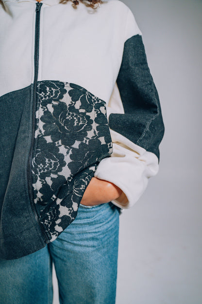 White & Black Lace Denim Patchwork Zip Hoodie
