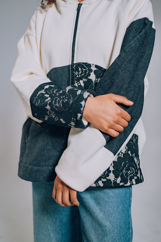 White & Black Lace Denim Patchwork Zip Hoodie