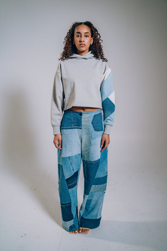 Grey Patchwork Sleeve Crop Hoodie