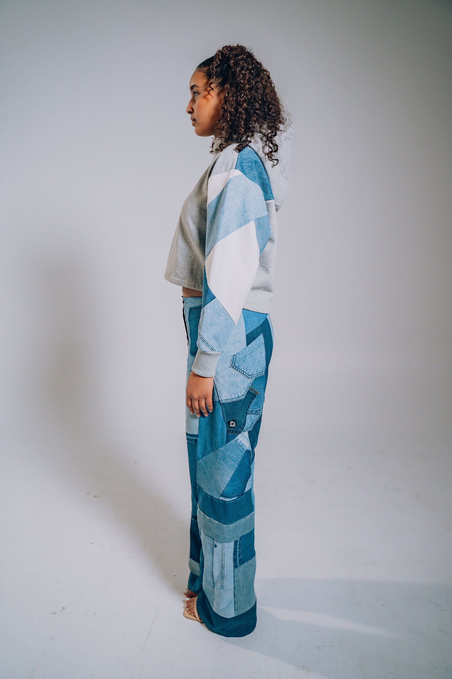 Grey Patchwork Sleeve Crop Hoodie