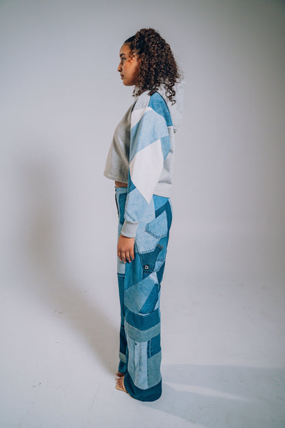 Grey Patchwork Sleeve Crop Hoodie