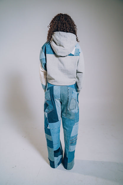 Grey Patchwork Sleeve Crop Hoodie