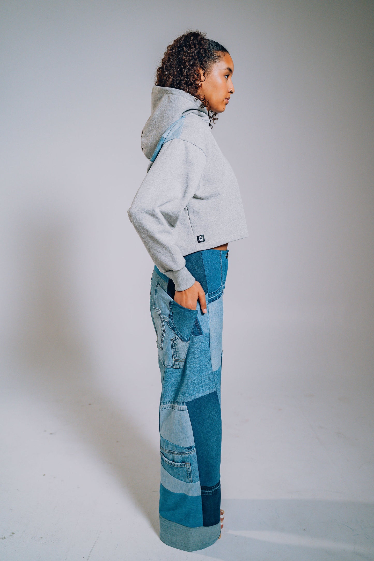 Grey Patchwork Sleeve Crop Hoodie