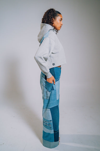 Grey Patchwork Sleeve Crop Hoodie