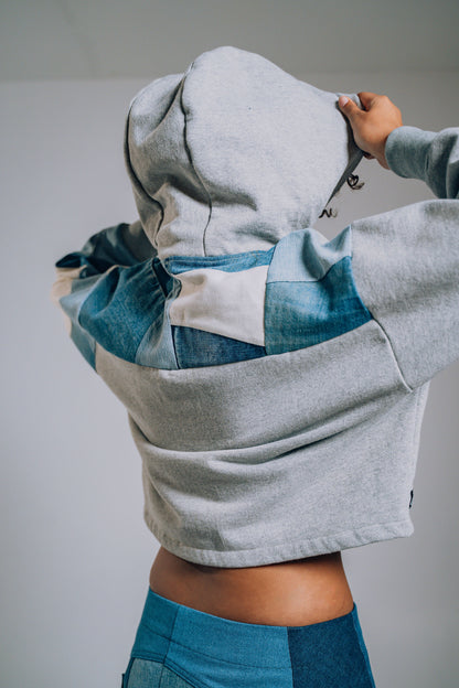 Grey Patchwork Sleeve Crop Hoodie