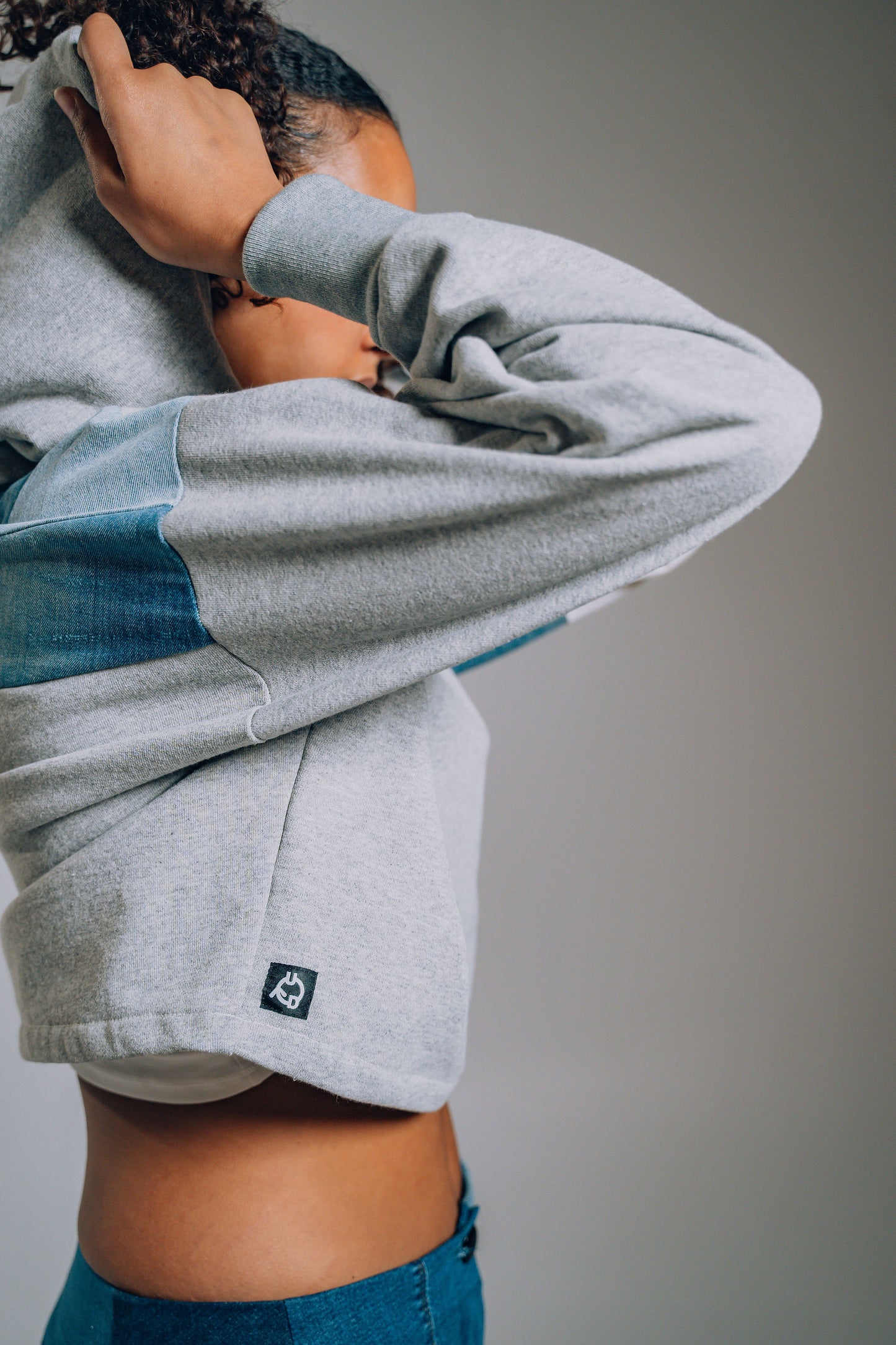 Grey Patchwork Sleeve Crop Hoodie