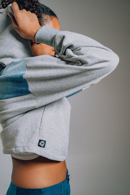 Grey Patchwork Sleeve Crop Hoodie