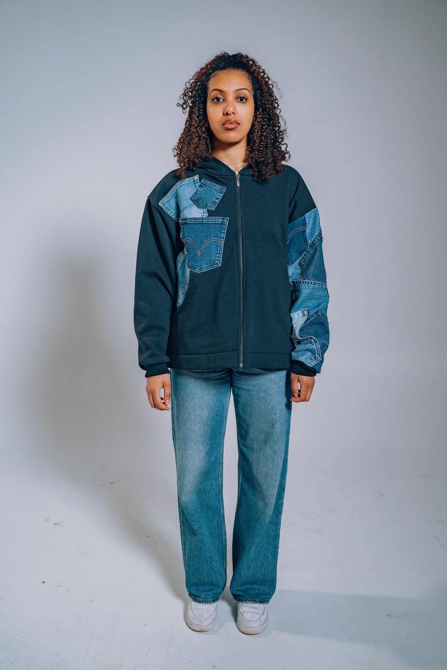 Black & Blue Denim Pockets Sleeve Zip Hoodie