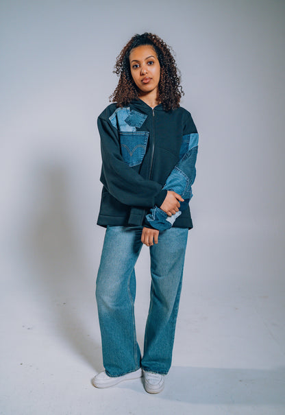 Black & Blue Denim Pockets Sleeve Zip Hoodie