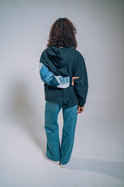 Black & Blue Denim Pockets Sleeve Zip Hoodie