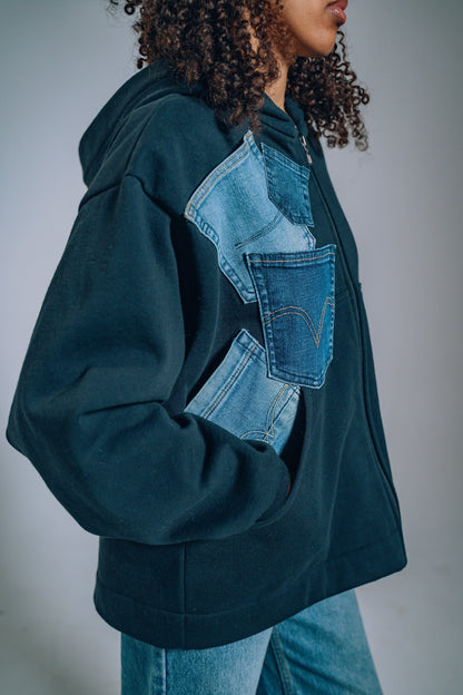 Black & Blue Denim Pockets Sleeve Zip Hoodie