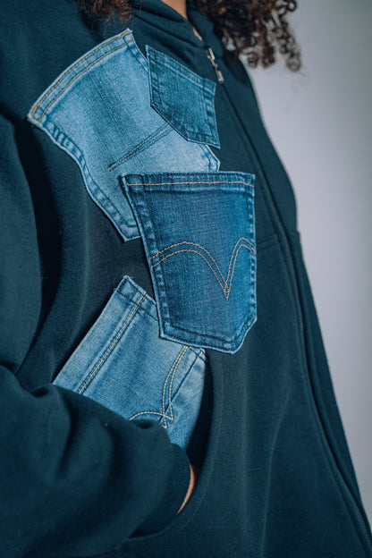 Black & Blue Denim Pockets Sleeve Zip Hoodie