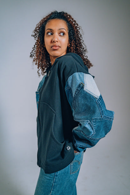 Black & Blue Denim Pockets Sleeve Zip Hoodie