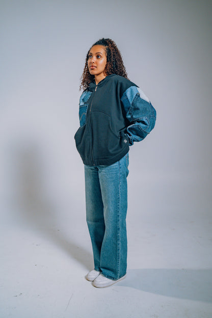 Black & Blue Denim Pockets Sleeve Zip Hoodie