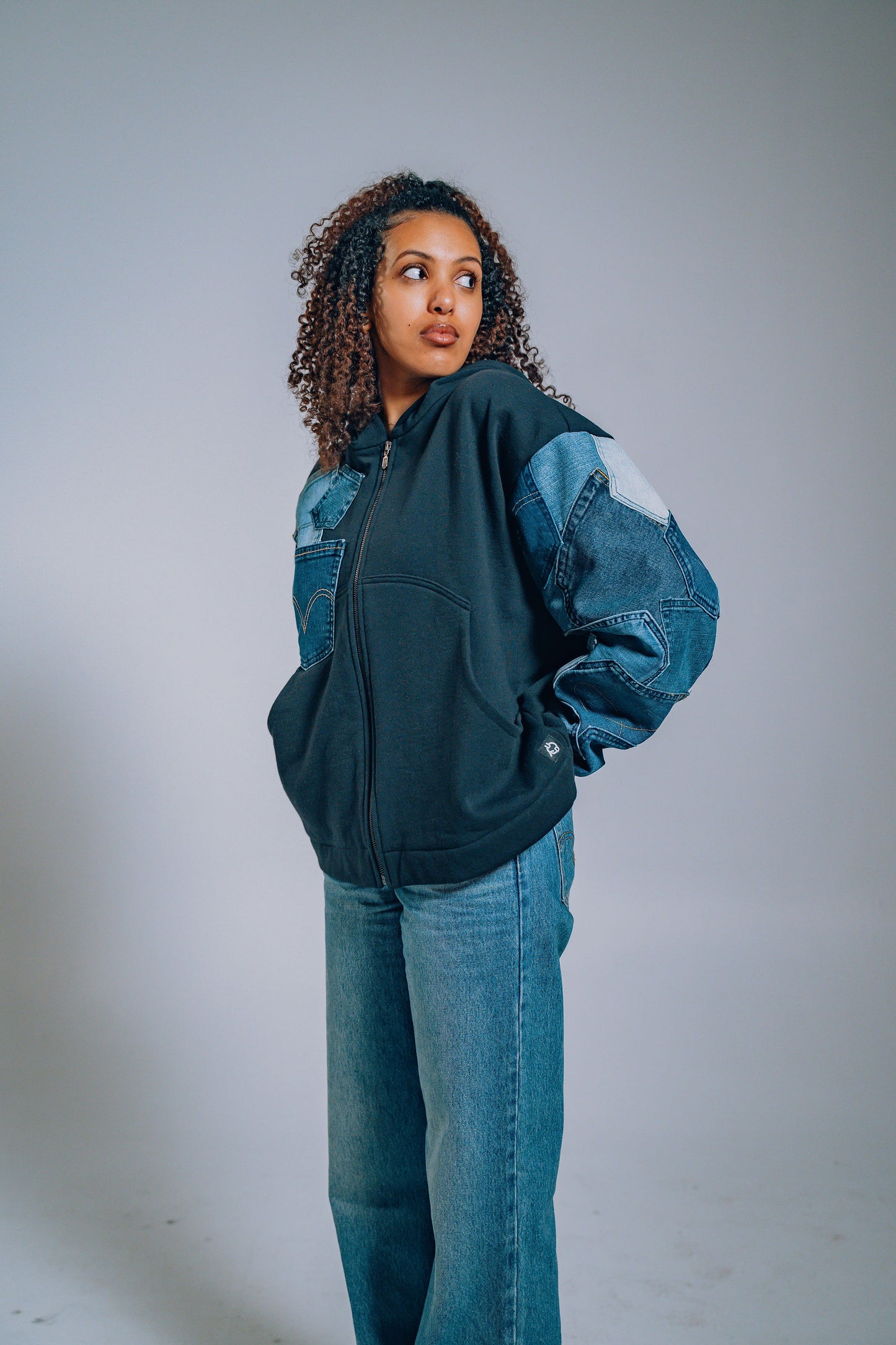 Black & Blue Denim Pockets Sleeve Zip Hoodie