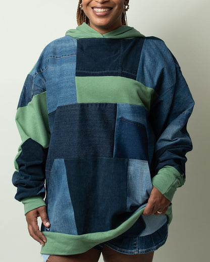 Green Base Patchwork Denim Hoodie XXL