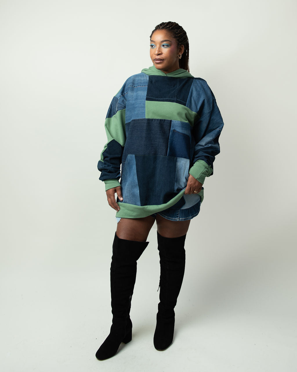 Green Base Patchwork Denim Hoodie XXL