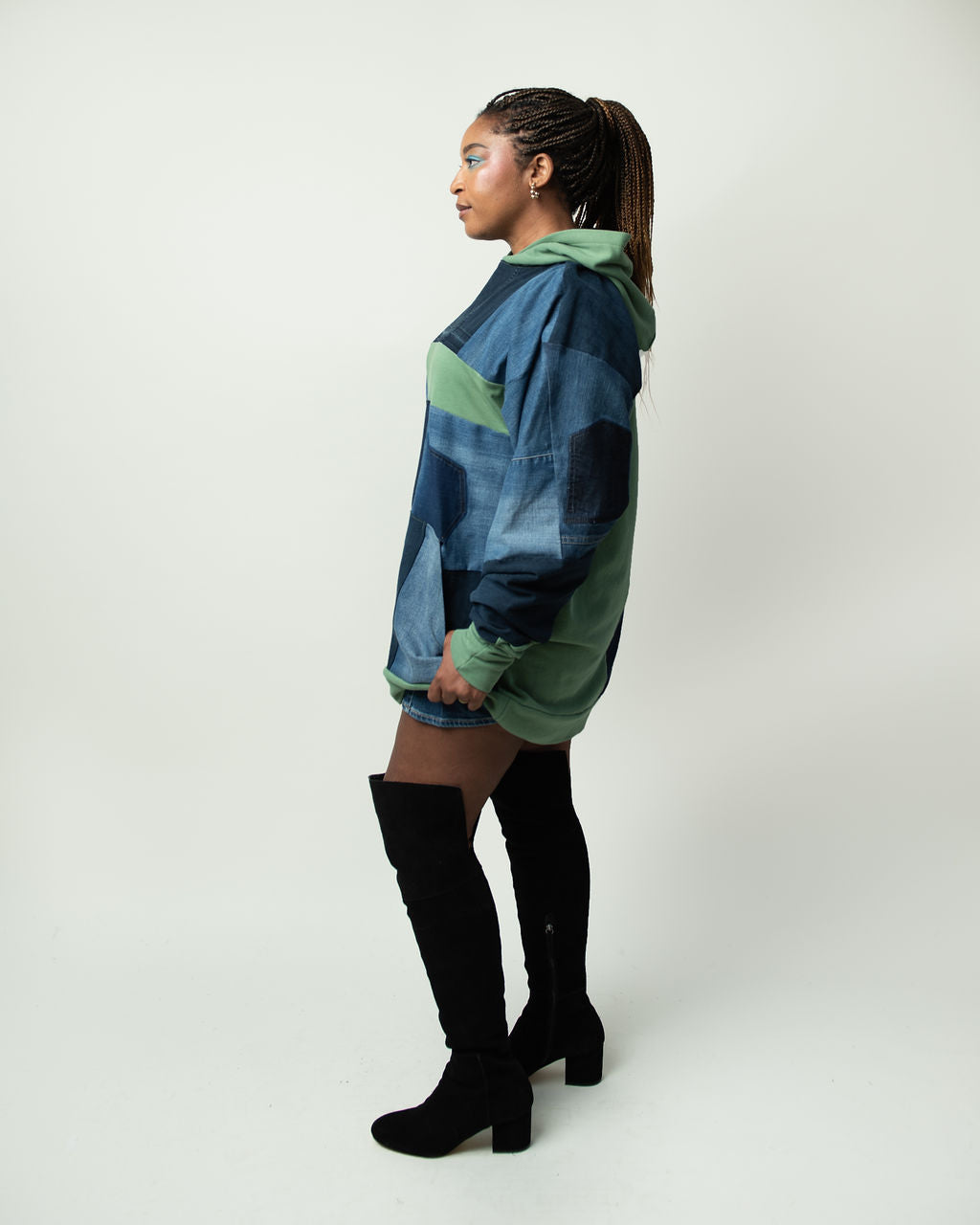 Green Base Patchwork Denim Hoodie XXL
