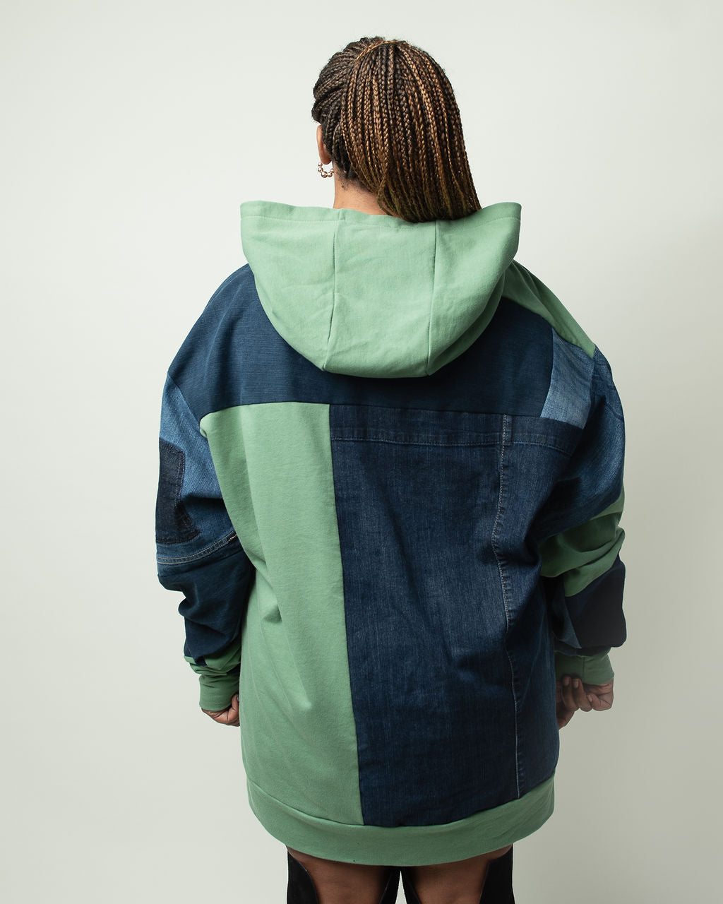 Green Base Patchwork Denim Hoodie XXL