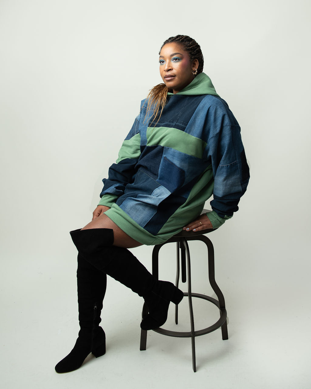 Green Base Patchwork Denim Hoodie XXL