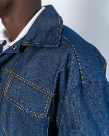 Close-up of a blue denim jacket with denim thread top stitching