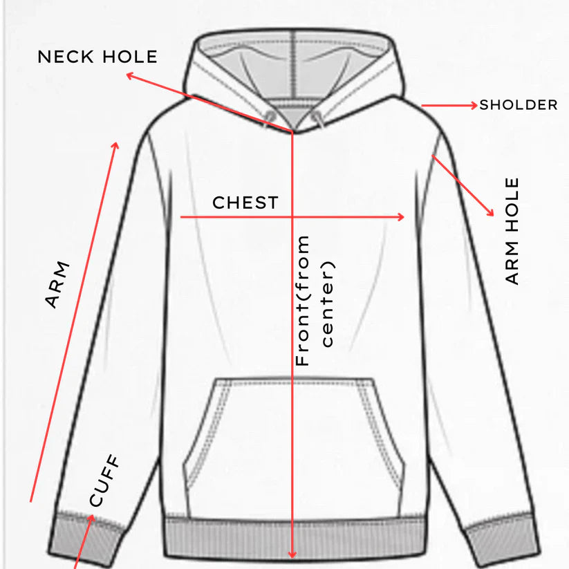 Diagram of a hoodie showing the measurements for people to compare at home and see if the sizing is right.