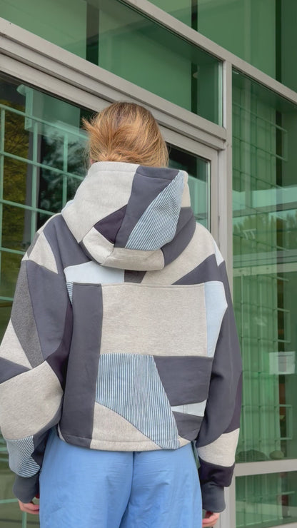 Grey Multi Scrapwork Cropped Hoodie – Cotton Mix, Size L